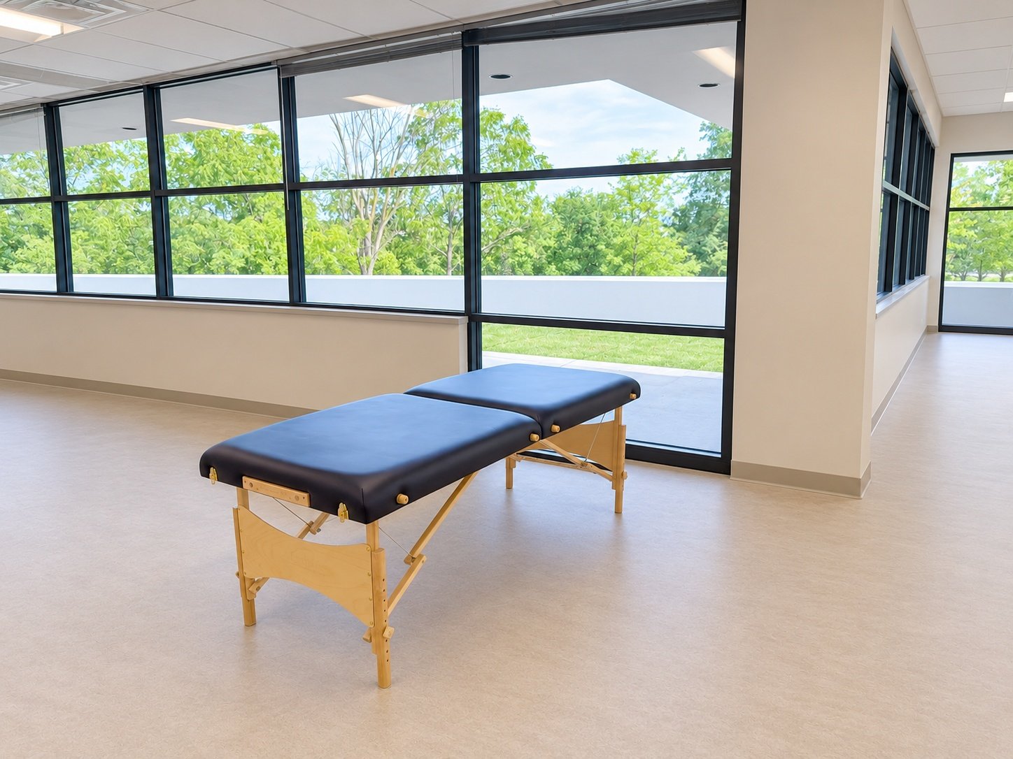 A treatment table by the clinic windows